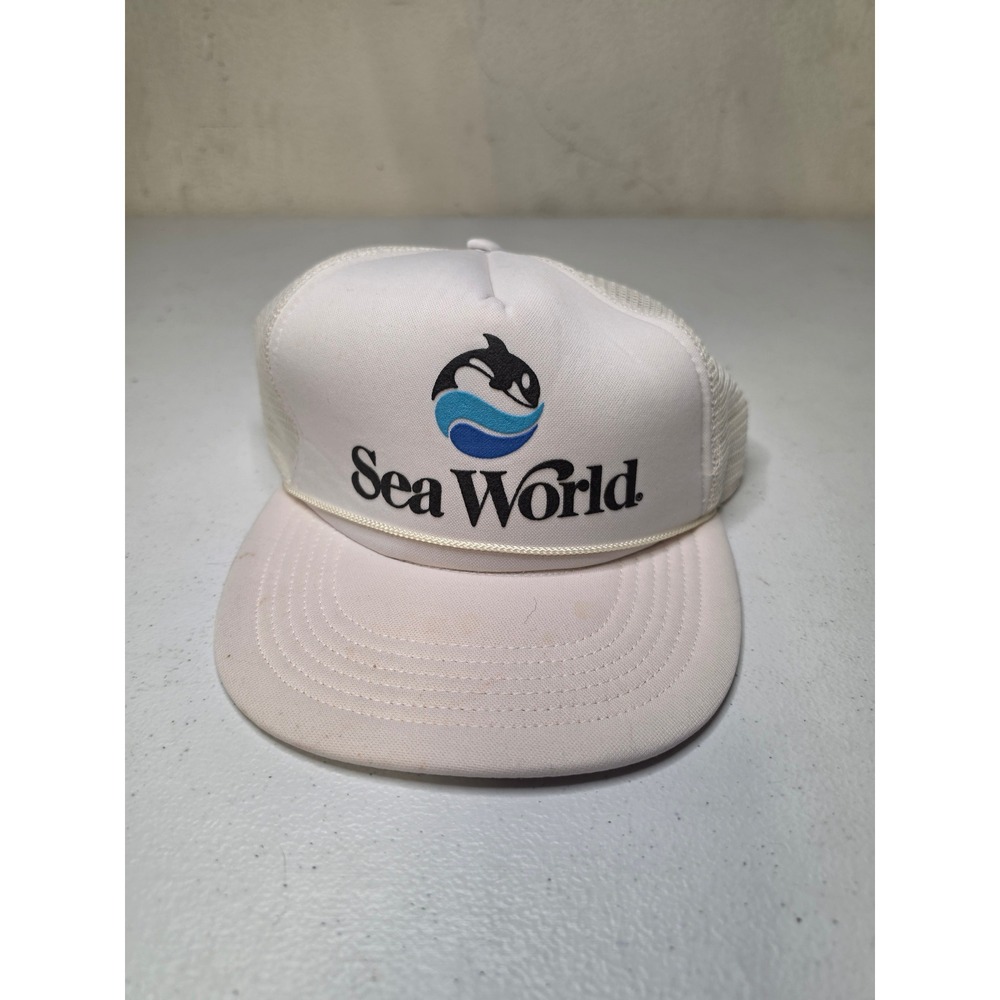 Vintage 1988 Sea World Shamu Orca Trucker Hat White Snapback Mesh Cap Souvenir
